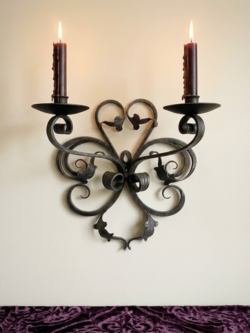 Vintage Wrought Iron Double Candle Wall Sconce | Gothic Revival Rustic Farmhouse